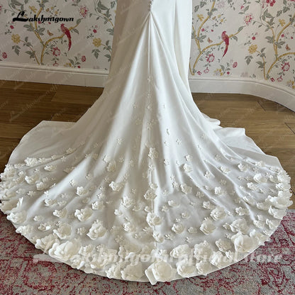Roycebridal Mermaid Wedding Dress  Elegant Vestido De Novia Satin Flowers Lace Bride Dresses Sheer Buttons Back