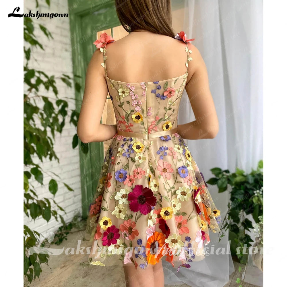 Lakshmigown Mini A-Line Skirt Lace Party Gowns With 3D Flowes Straps Sweetheart Formal Dresses Colorful Appliques Wedding Gown