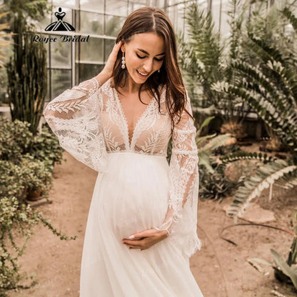Maternity Long Sleeve Lace Chiffon Boho Wedding Dress for Pregnant Women