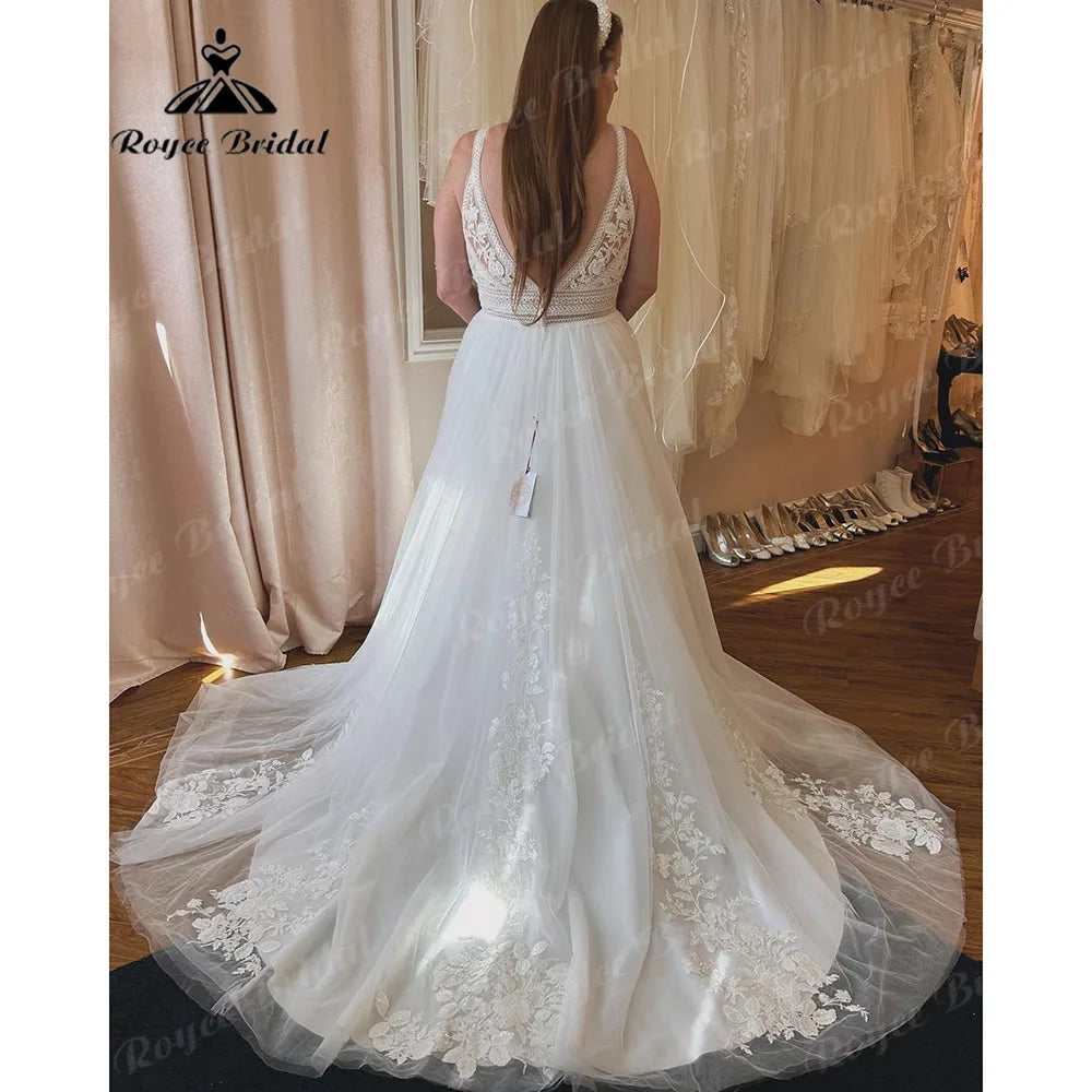 Robe Civil Lace Bohemian Spaghetti straps V Neck Wedding Dress