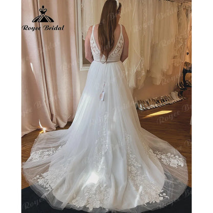 Robe Civil Lace Bohemian Spaghetti straps V Neck Wedding Dress