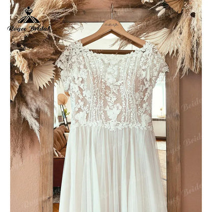 Boho Scoop Neck Wedding Dress Cap Sleeve Lace Bodice Open Back Beach