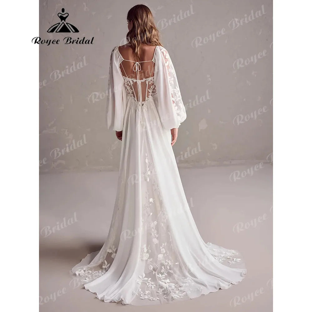Modest Chiffon Lace Bohemian Elopement Long Sleeve Flowying Illusion Back