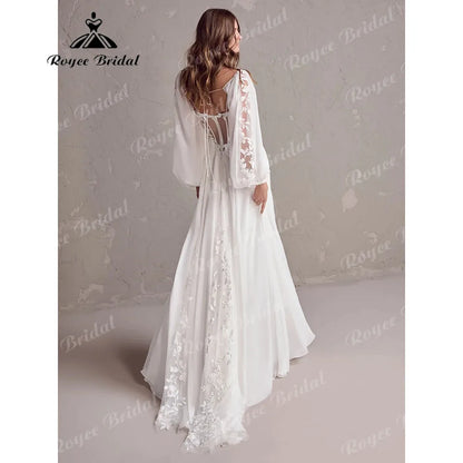 Modest Chiffon Lace Bohemian Elopement Long Sleeve Flowying Illusion Back