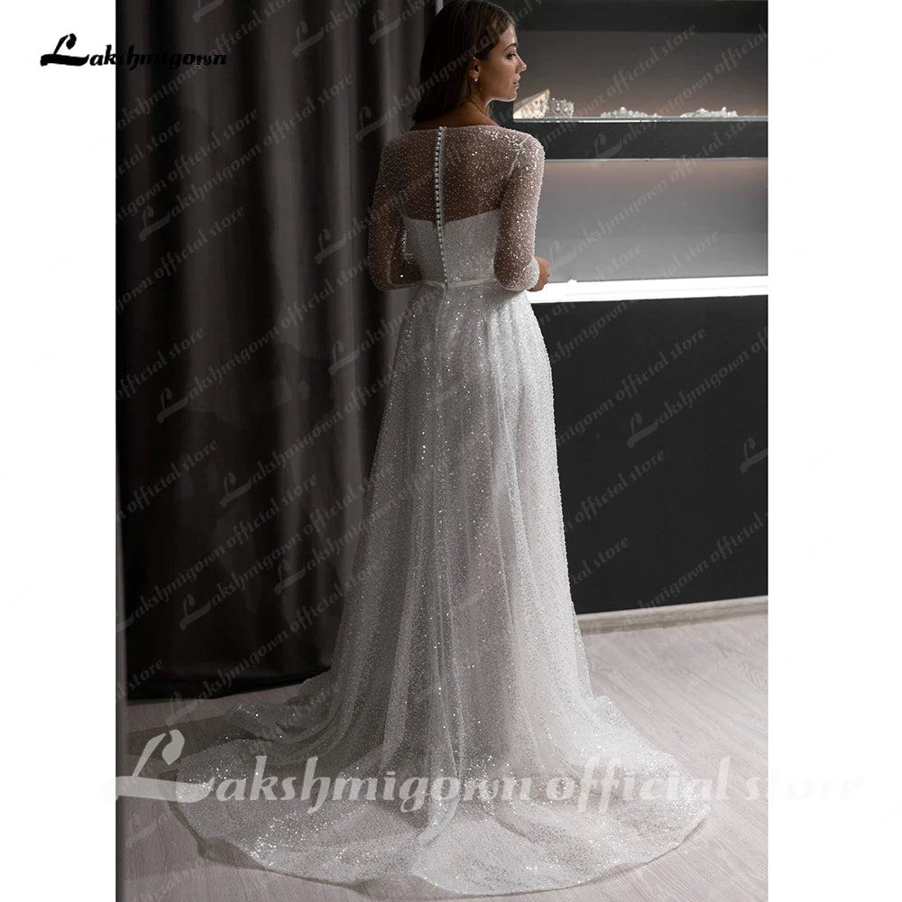 Lakshmigown Boho A-line Beach Wedding Dress See Through Sleeves Sweep Train Bridal Dress Custom Made Bridal Gowns