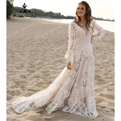 Bohemio Long Sleeve Lace Hippie Elopement Wedding Dress Beach Tassels