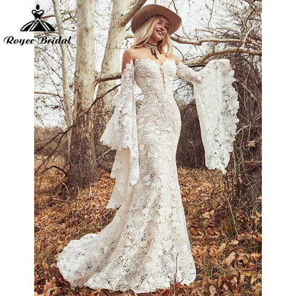 Mermaid Boho Wedding Dresses Long Flare Sleeve Floral Print Deep V Neck