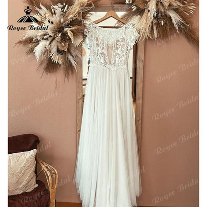 Boho Scoop Neck Wedding Dress Cap Sleeve Lace Bodice Open Back Beach