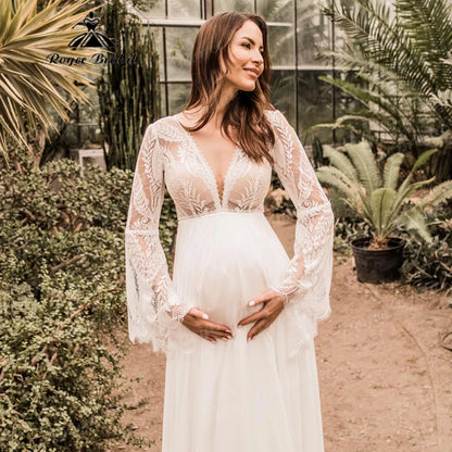 Maternity Long Sleeve Lace Chiffon Boho Wedding Dress for Pregnant Women