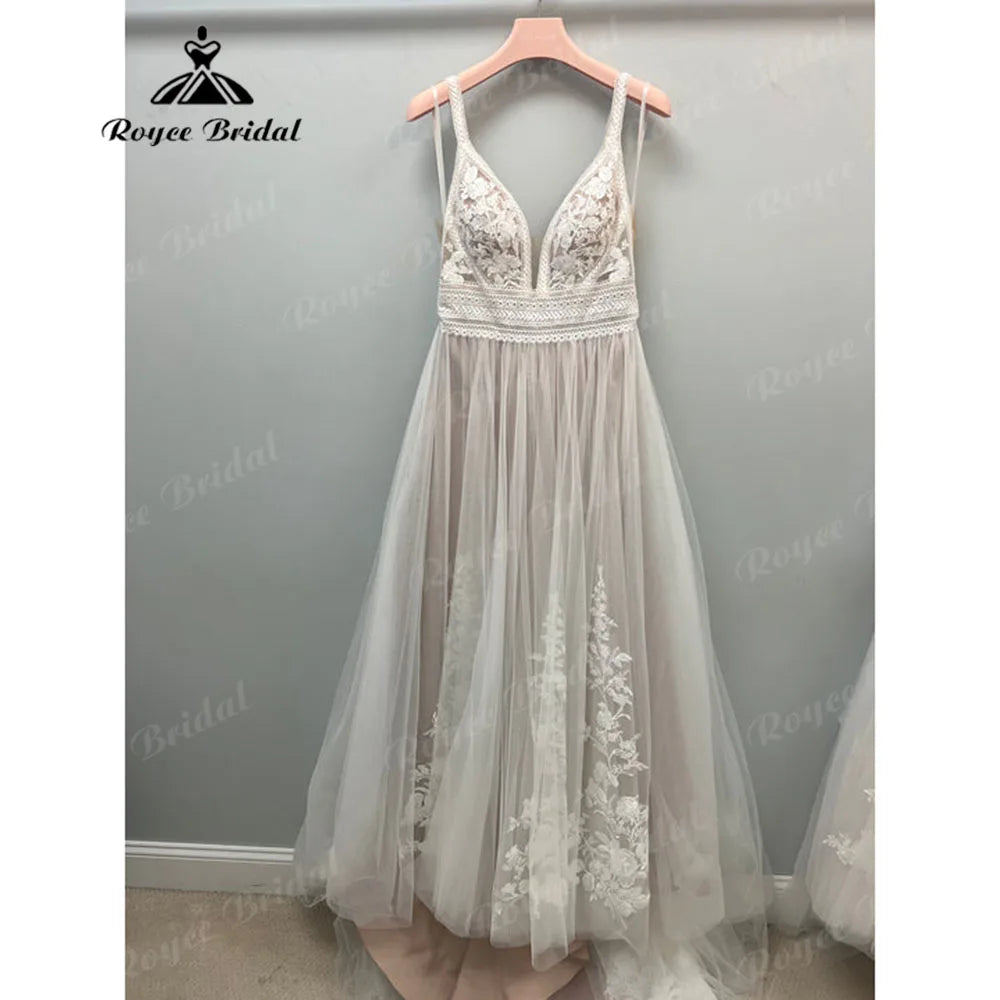 Robe Civil Lace Bohemian Spaghetti straps V Neck Wedding Dress