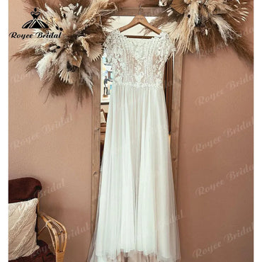 Boho Scoop Neck Wedding Dress Cap Sleeve Lace Bodice Open Back Beach