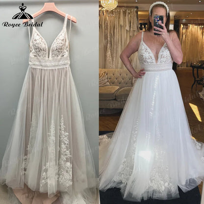 Robe Civil Lace Bohemian Spaghetti straps V Neck Wedding Dress