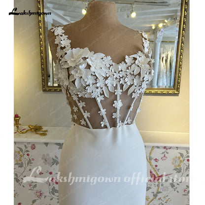Roycebridal Mermaid Wedding Dress  Elegant Vestido De Novia Satin Flowers Lace Bride Dresses Sheer Buttons Back