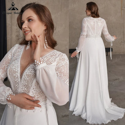 Boheme Long Sleeve Lace Chiffon V Neck Plus Size