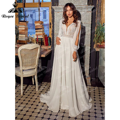 Boho Beach V Neck Chiffon Lace A Line Wedding Dress Backless Long Sleeve