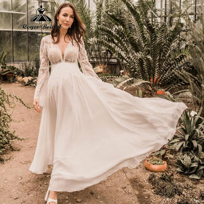 Maternity Long Sleeve Lace Chiffon Boho Wedding Dress for Pregnant Women