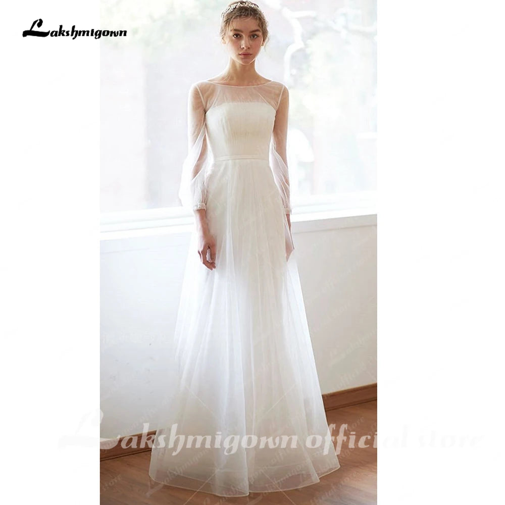 Lakshmigown Simple A-line Long Sleeves Wedding Dress Minimalistic Mesh Straight-cross Illusion Sheer Lace Gown