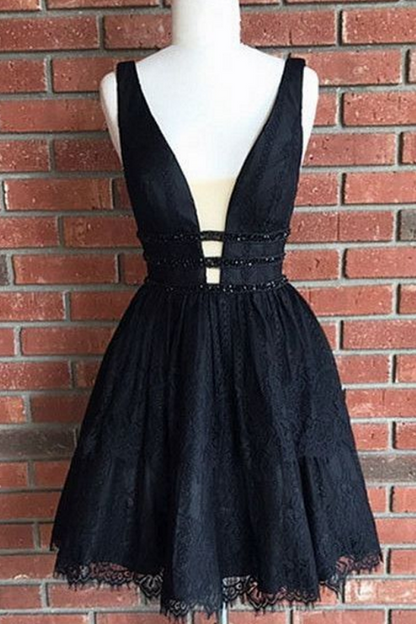 Sexy Deep V Neck Homecoming Dresses, Sleeveless Beaded Lace Up Short Prom Dress HCD75 - Ombreprom