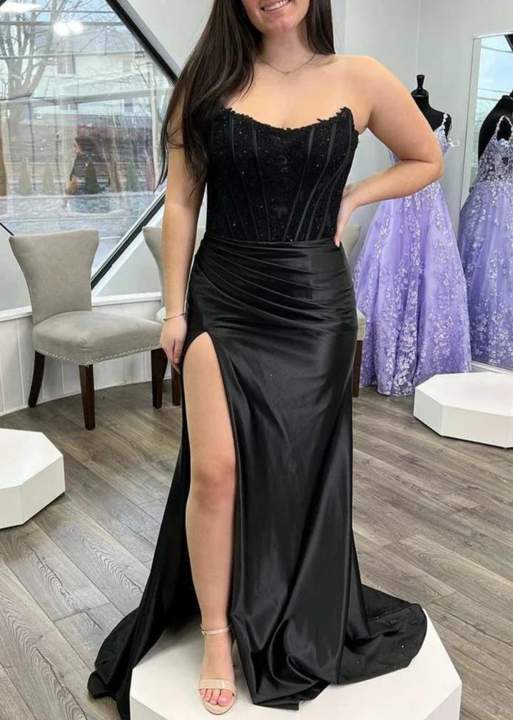 Slit Strapless Corset Sheath Satin Mermaid Prom Dress