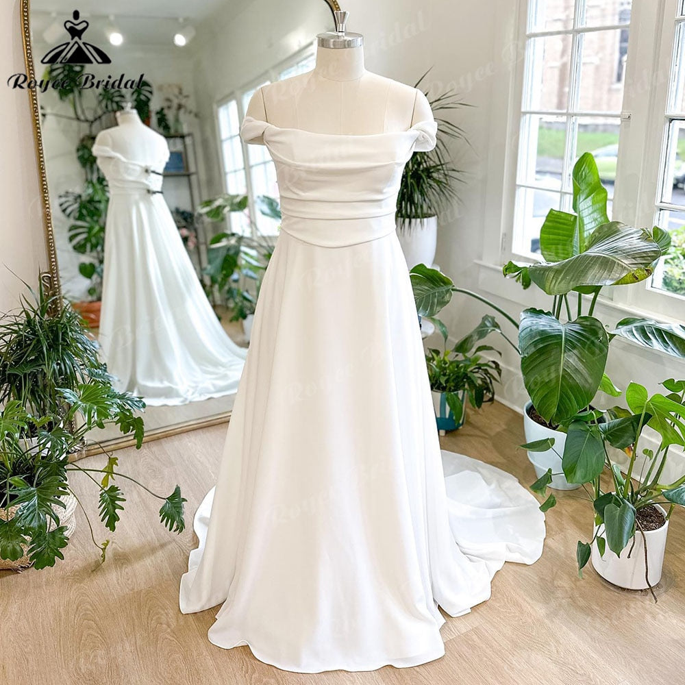 Beach Off Shoulder Soft Satin Pleats Boho Wedding Dress for Women 2023 Off White Wedding Reception Dress for Bride Roycebridal