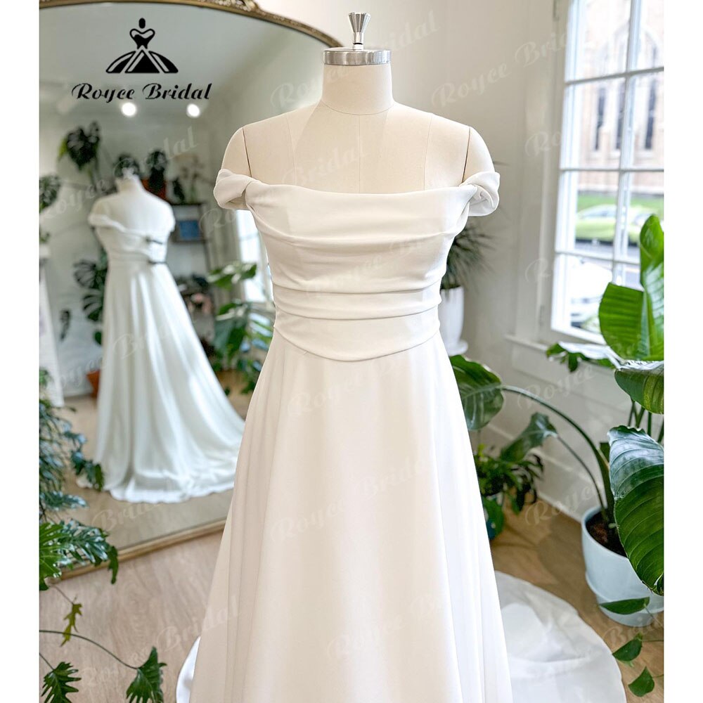 Beach Off Shoulder Soft Satin Pleats Boho Wedding Dress for Women 2023 Off White Wedding Reception Dress for Bride Roycebridal