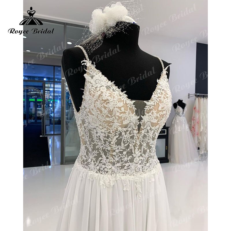 Beach V Neck Lace Bodice Chiffon Wedding Dress Spaghetti Straps Sweep Train 2023 A Line Boho robe de réception de mariage