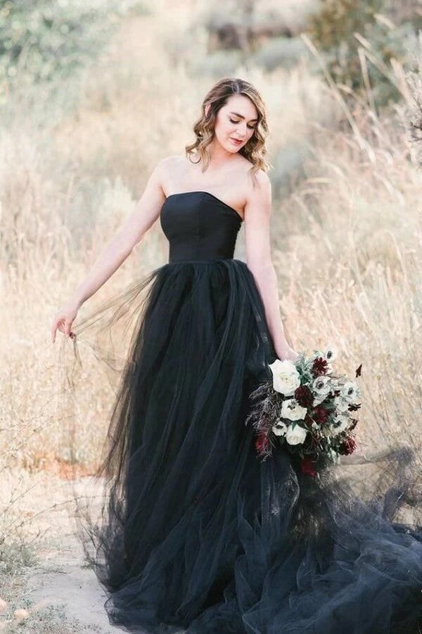 Black Tulle A-line Strapless Wedding Dresses With Train, Bridal Gown, MW996 | a line wedding dress | tulle wedding dress | outdoor wedding dress | musebridals.com