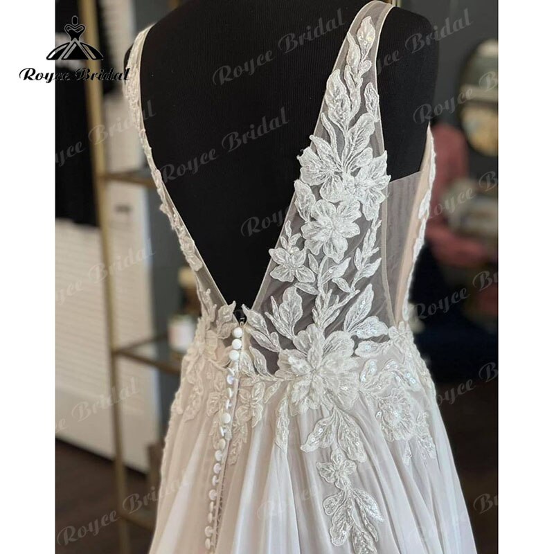 Blush Pink Beach A-line Wedding Dress V Neck Lace Appliques Chiffon Sleeveless Court Train Wedding Gown Button Robe De Mariée