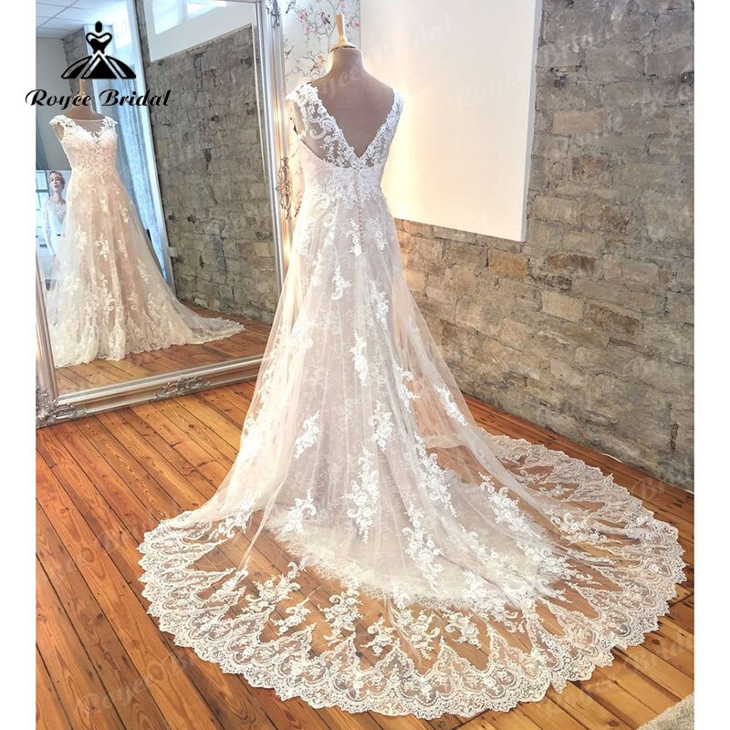 Roycebridal Blush Pink Cap Sleeve A Line Wedding Dress Lace Appliques Open Back 2025 Vintage Bridal Gown Long Tulle robe de mariée Elegant