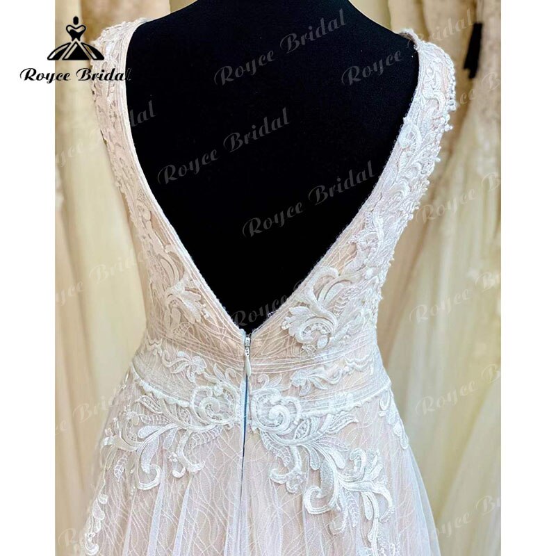 Blush Pink Wedding Dress Tank V Neck Lace Applique Sleeveless Split Side Shiny Wedding Gowns vestido de novia de tul Bridal Gown