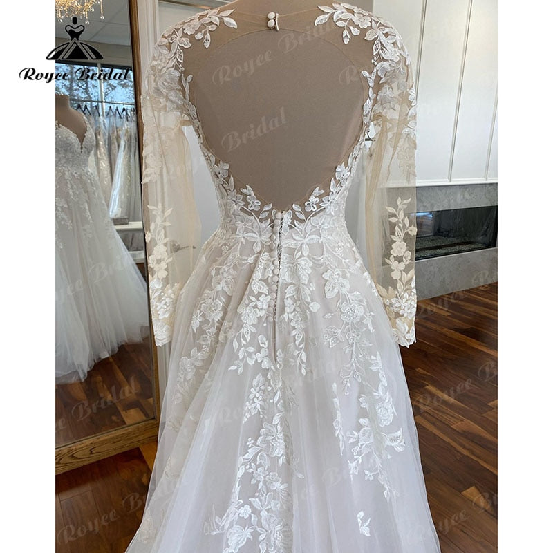 Boho Long Sleeve Lace Applqiues V Neck Open Back Wedding Dress for Women Sweep Train 2023 Vestidos Fiesta Robe Civil Bridal Gown