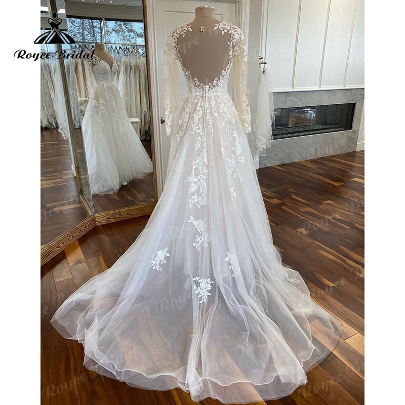 Boho Long Sleeve Lace Applqiues V Neck Open Back Wedding Dress for Women Sweep Train 2023 Vestidos Fiesta Robe Civil Bridal Gown