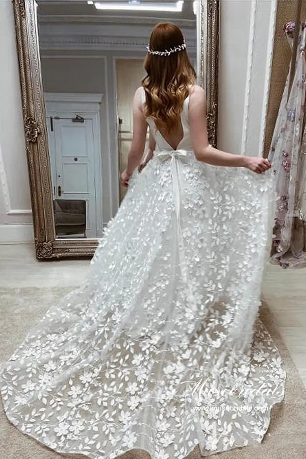 Boho Satin A-line V-neck 3D Flowers Wedding Dresses With High Slit, MW961 | cheap lace wedding dress | wedding dresses online | bridal gown | musebridals.com