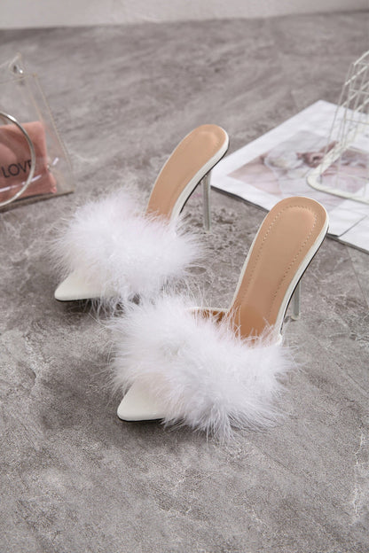 Hot Pink Feathers Pointed Toe Stiletto Sandals