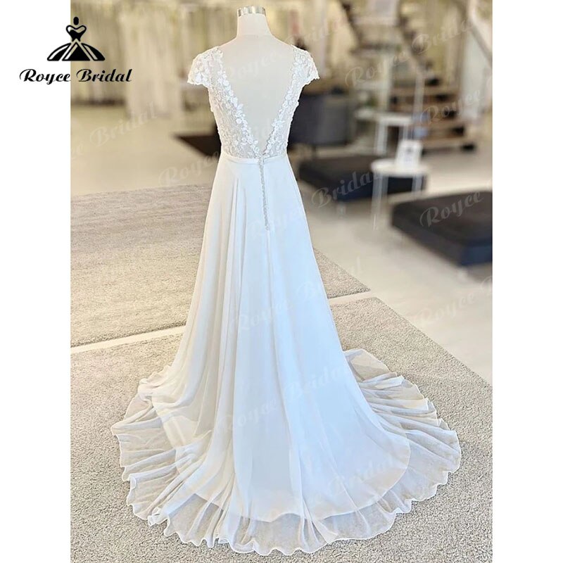 Cap Sleeve Lace Bodice V Neck Backless Chiffon A Line Beach Summder Wedding Dress 2023 Vintage vestido para boda playa Boho
