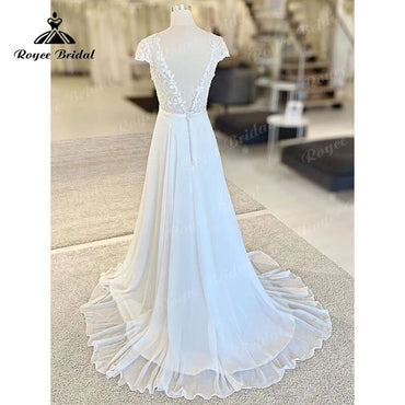 Roycebridal BRIDE,BRIDE EXPLORE All Wedding Dresses,BRIDE EXPLORE Custom Wedding Dresses 👗,BRIDE EXPLORE Plus SizeCap Sleeve Lace Bodice V Neck Backless Chiffon A Line Beach Summder Wedding Dress 2025 Vintage vestido para boda playa Boho