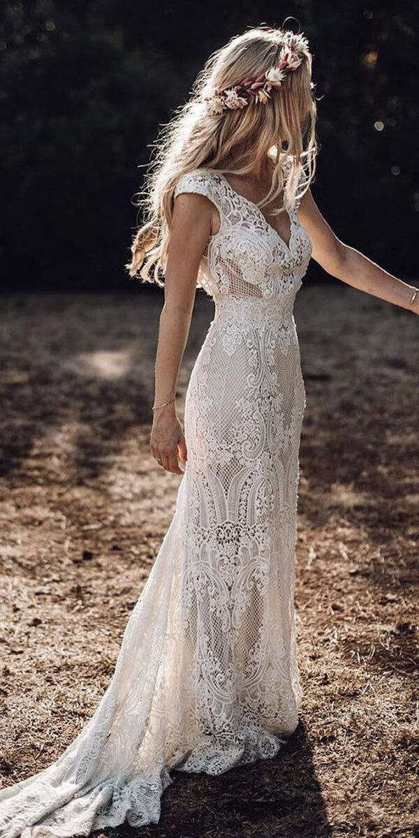 Cap Sleeve Sheath Boho Wedding Dresses Vintage Lace Rustic Wedding Dress,MW314 | lace wedding dresses | mermaid wedding dresses | bridal gowns | bridal dresses | mermaid weddding dresses | www.musebridals.com
