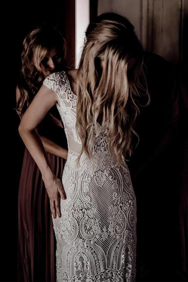 Cap Sleeve Sheath Boho Wedding Dresses Vintage Lace Rustic Wedding Dress,MW314 | boho wedding dresses | cheap wedding dresses | lace wedding dresses | bridal gowns | bridal dresses | cheap wedding dresses near me | beach wedding dresses | wedding dresses stores | www.musebridals.com