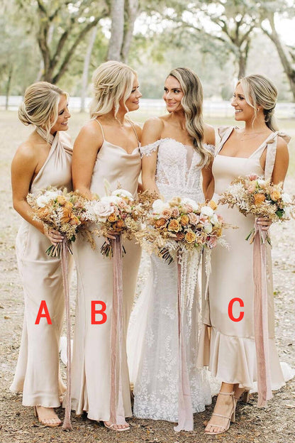 Champagne Mismatch Bridesmaid Dress Long Silk Satin Wedding Guest Dress