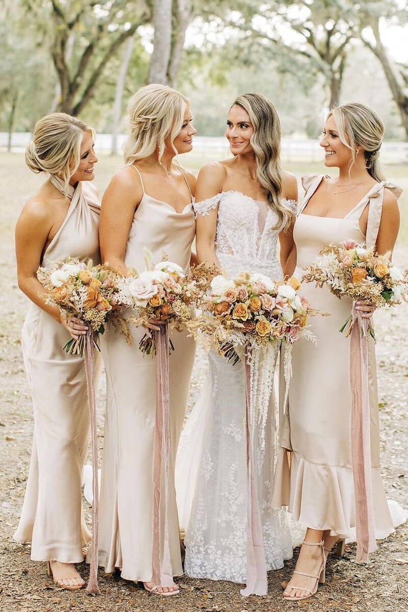 Champagne Mismatch Bridesmaid Dress Long Silk Satin Wedding Guest Dress