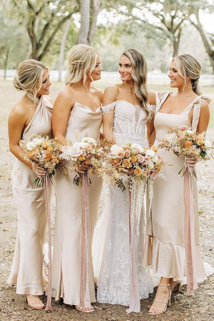 Champagne Mismatch Bridesmaid Dress Long Silk Satin Wedding Guest Dress