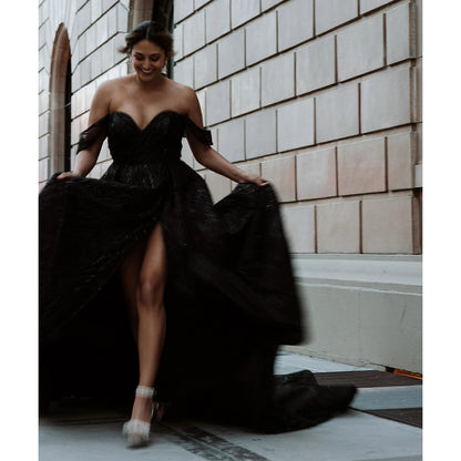 Sequin Sparkle Graphic Lace Gothic Black A-Line Wedding Dress