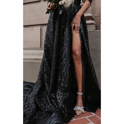Sequin Sparkle Graphic Lace Gothic Black A-Line Wedding Dress