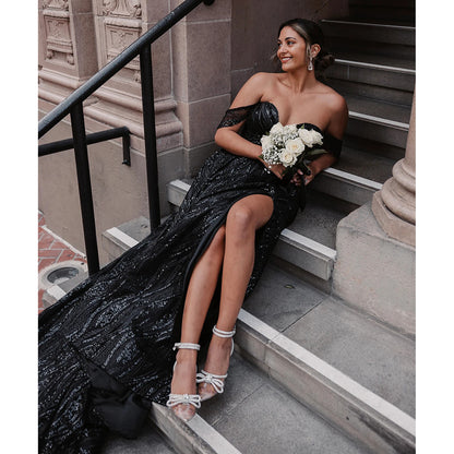 Sequin Sparkle Graphic Lace Gothic Black A-Line Wedding Dress