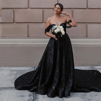 Sequin Sparkle Graphic Lace Gothic Black A-Line Wedding Dress