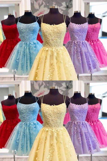 Roycebridal Blue A-line Spaghetti Straps Lace Short Prom Dresses, Homecoming Dresses