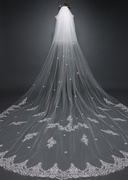 Roycebridal White Cathedral Veil with Blusher Lace Applique Long Wedding Veil
