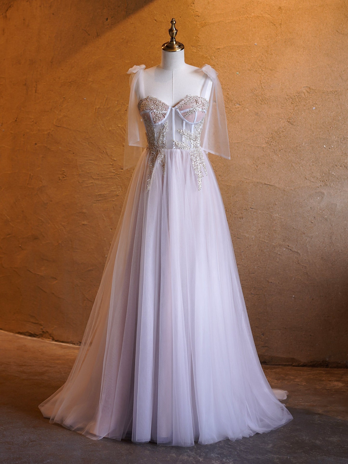 Roycebridal A-line Corset Applique Tulle Bow Straps Long Prom Dress with sweep train
