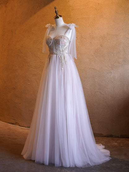 Roycebridal A-line Corset Applique Tulle Bow Straps Long Prom Dress with sweep train