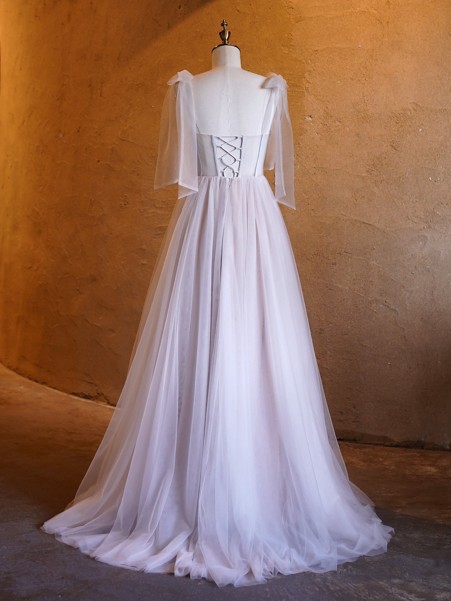 Roycebridal A-line Corset Applique Tulle Bow Straps Long Prom Dress with sweep train